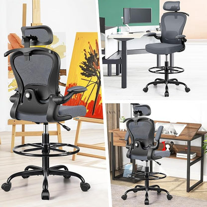 Drafting Chair, Tall Office Chair with 3D Lumbar & Head Support, Ergonomic Mesh Standing Desk Chair with Footring, Comfy Extended High Desk Chair with Flip-Up Arms & Hanger,Dark Gray