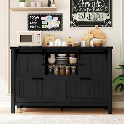 Farmhouse File Cabinet with Charging, Sliding Barn Doors & 2 Drawers, Cute Printer Stand with Open Shelf for Home Office, Remote Work, Black