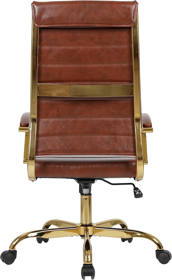 LeisureMod Modern High-Back Leather Office Chair - Swivel & Adjustable Executive Desk Chair with Gold Frame, Ergonomic Design for Home & Office (Brown, Single)