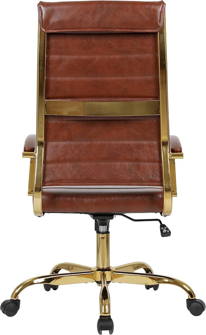 LeisureMod Modern High-Back Leather Office Chair - Swivel & Adjustable Executive Desk Chair with Gold Frame, Ergonomic Design for Home & Office (Brown, Single)