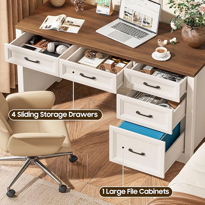 Vabches 55 Inch Farmhouse Desk with 5 Drawers, Large Home Office Computer Desk with Adjustable File Drawer, Executive Workstation with Storage for Study Writing Work, White