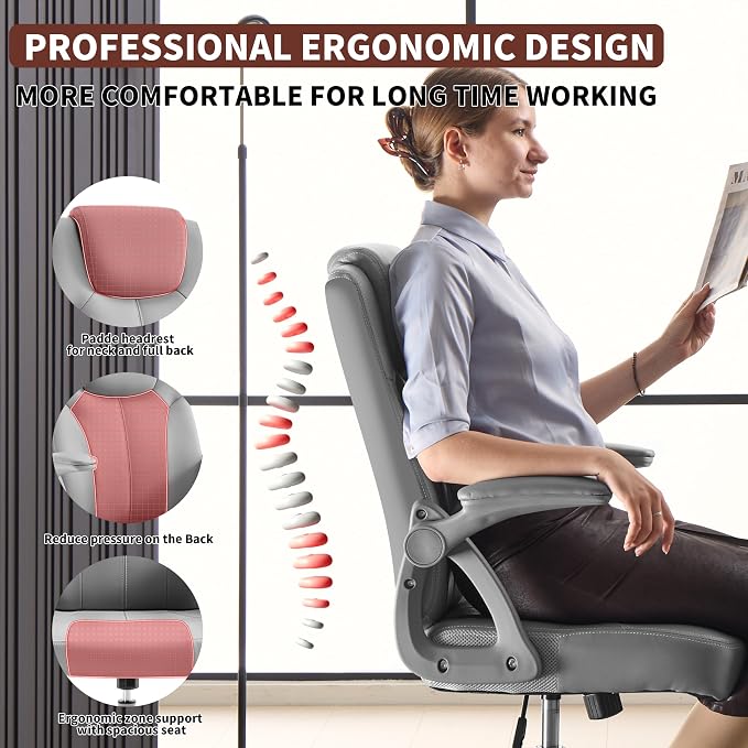Executive Office Chair, Ergonomic PU Leather Computer Chairs, Executive Breathable Desk Chair with Padded Flip-Up Arms, 360° Swivel Rolling Chair Comfy Padded for Working Studying Gaming (Gray)