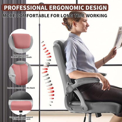 Executive Office Chair, Ergonomic PU Leather Computer Chairs, Executive Breathable Desk Chair with Padded Flip-Up Arms, 360° Swivel Rolling Chair Comfy Padded for Working Studying Gaming (Gray)
