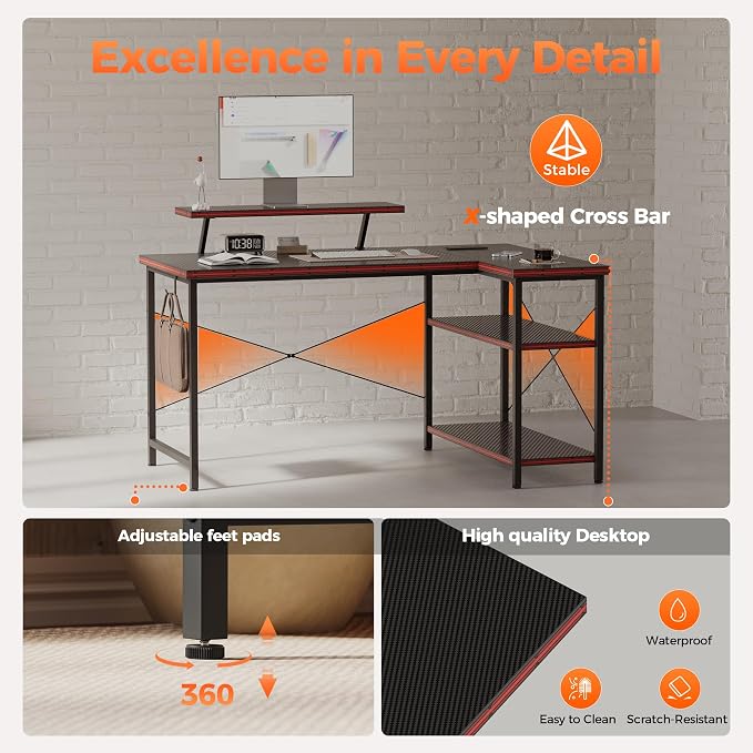 Mericonia Small L Shaped Computer Desk with Power Outlets, Reversible Gaming Desk with Storage Shelves & Monitor Stand, Corner Gamer Desk Table, Study Writing Table