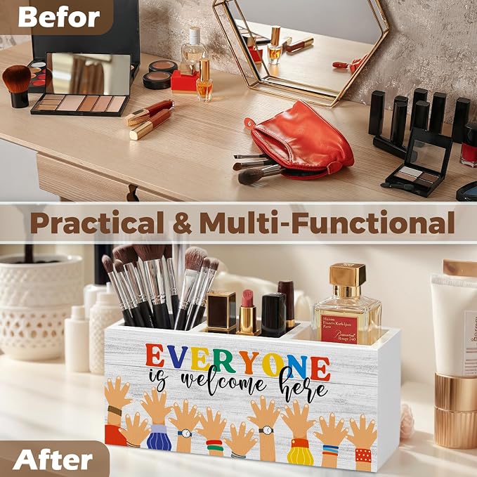 Inspirational Classroom Welcome Pencil Pen Holder for Desk Organizer, Everyone is Welcome Here, Diversity Equality Classroom Wooden Box Decorations for Kids LGBT Pride Black Lives Matter