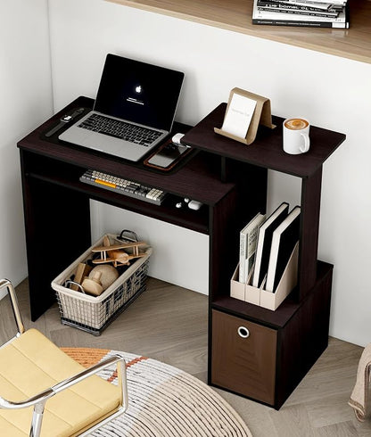 Small Computer Desk for Bedroom, Home Office Desk with Drawers Storage Shelves for Living Room Study Bedroom, Dark Walnut/Brown