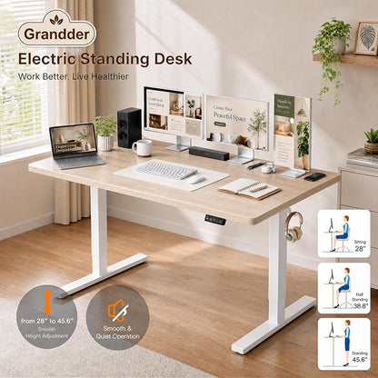 Grandder 63x32 Large Electric Standing Desk, Height Adjustable Computer Desk with 2 Memory Presets, 31.5" Deep Desktop Sit Stand Desk Home Office Desk Workstation Table with Hooks, Light Walnut