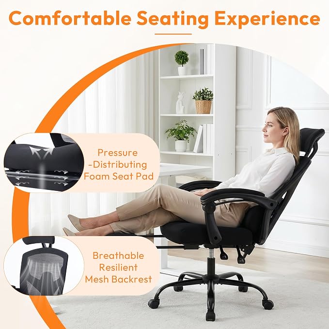 Desk Chair with Foot Rest, High-Back Mesh Office Chair with Wheels, Reclining Gaming Chair with Headrest and Adjustable Lumbar Support, 90°-130° Reclining, for Home Office and Gaming, Black
