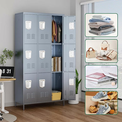 9 Door Metal Lockers for Employees,9 Heavy-Duty Hooks,72" Secure Storage for Home,Offices,Schools & Gyms | Gray