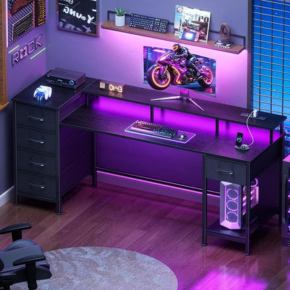 Korfile 61 Inch Computer Gaming Desk with Power Outlets & LED Lights Reversible Home Office Desk with Adjustable 5 Fabric Storage Drawers for Working Writing Study, Black