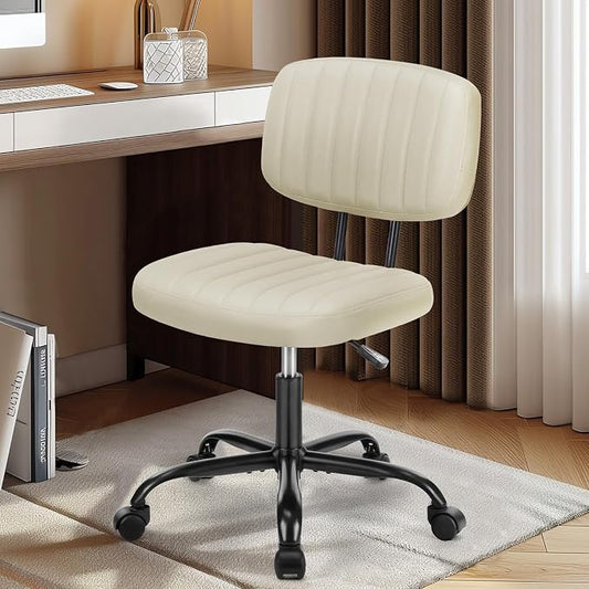 DUMOS Armless Home Office Chair: Small Desk Chair with Low Back Lumbar Support, Height Adjustable PU Leather Computer Task with 360° Swivel Wheels, for Adults, Beige