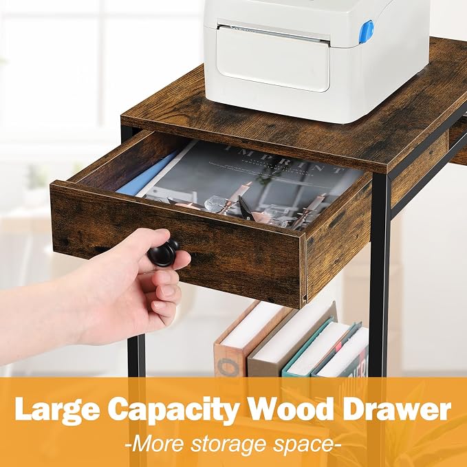 Vrisa Home Printer Stand with Storage Drawer Printer Table Desk with Charging Station Small Printer Cart Holder with Wheels for Home Office Computer PC Tower Label Shredder Stands, Rustic Brown