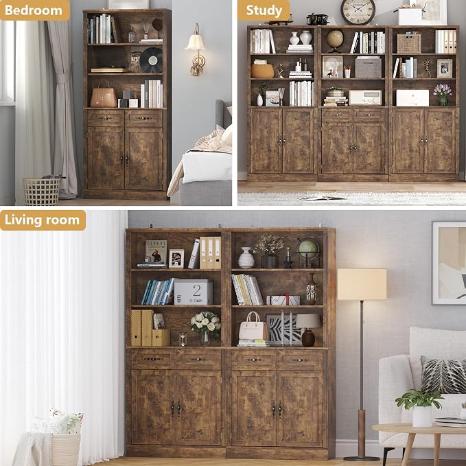 Thacuok 72'' Tall Bookcase with Doors and Drawers, Adjustable Shelves, P2 MDF Construction, 32'' Wide Freestanding Cabinet with Metal Handles, Hidden Storage for Living Room, Bedroom