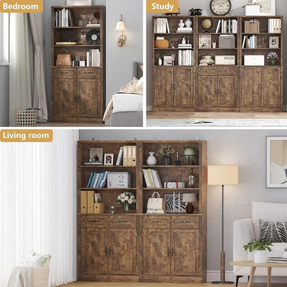 Thacuok 72'' Tall Bookcase with Doors and Drawers, Adjustable Shelves, P2 MDF Construction, 32'' Wide Freestanding Cabinet with Metal Handles, Hidden Storage for Living Room, Bedroom