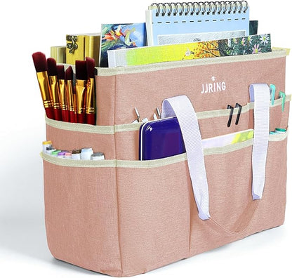 JJRING Craft Organizer Tote Bag, Large Art Storage Caddy with Multiple Pockets, Beige Sewing Bag for Art, Craft, Scrapbooking, School, Medical, and Office Supplies Storage