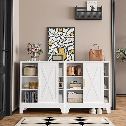 COFaR White 37" H Sliding Door Storage Cabinet, Half Open Half Closed Design, 3-Tier Kitchen Organizer with Adjustable Shelves, 150 lbs Top, Metal Coffee Bar & Buffet Sideboard for Dining Room