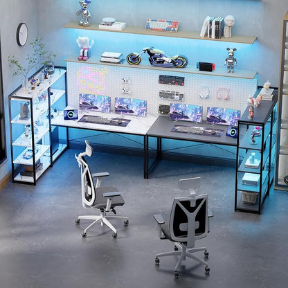 Pamray L Shaped Computer Desk with Reversible Side Storage Shelves, 49 Inch Gaming Desk with Power Outlets and Led Lights, PC Table for Home Office and Bedroom Marble