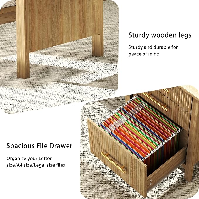 Fluted Executive Desk with Drawers: 54" Oak Home Office Desks with File Drawers, Modern Computer Desk with Gold Handles, Writing Table for Study, Living Room (Oak, 54")