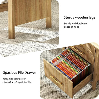 Fluted Executive Desk with Drawers: 54" Oak Home Office Desks with File Drawers, Modern Computer Desk with Gold Handles, Writing Table for Study, Living Room (Oak, 54")