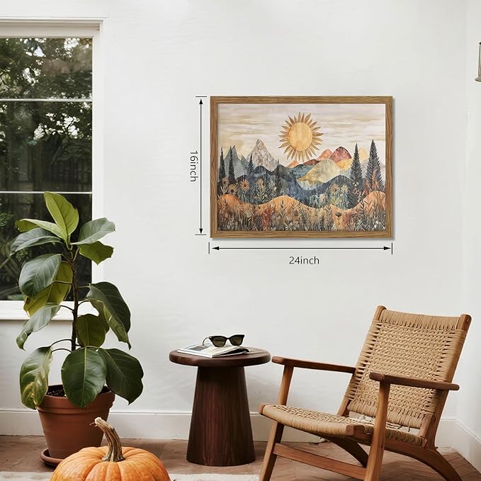 Framed Boho Sun Canvas Wall Art, Modern Abstract Mountain Landscape Painting, Southwestern Sun Poster Picture Print, Boho Floral Aesthetic Wall Decor for Bedroom Home Office 16x24 inch