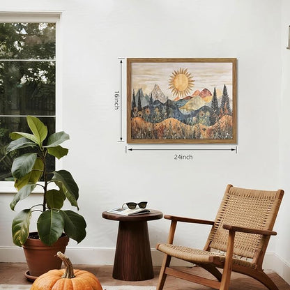 Framed Boho Sun Canvas Wall Art, Modern Abstract Mountain Landscape Painting, Southwestern Sun Poster Picture Print, Boho Floral Aesthetic Wall Decor for Bedroom Home Office 16x24 inch