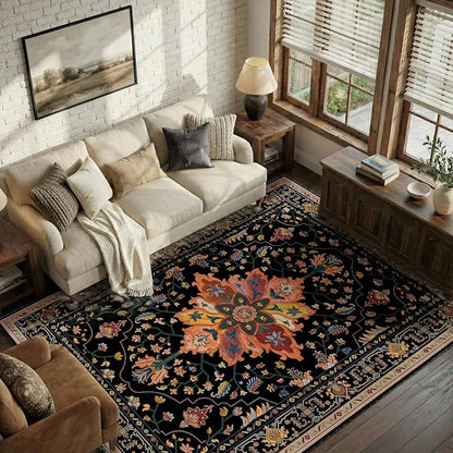 RELEANY Area Rugs 6'x9' Washable Non-Slip, Floral Vintage Distress Medallion Carpet for Living Room Bedroom Dining Room, Black Colorful Floral Dark Tan