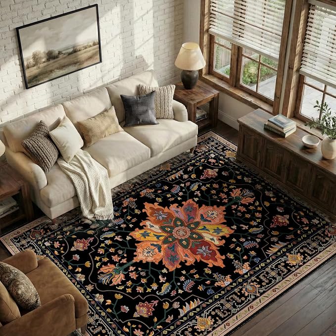 RELEANY Area Rugs 5'x8' Washable Non-Slip, Floral Vintage Distress Medallion Carpet for Living Room Bedroom Dining Room, Black Colorful Floral Dark Tan