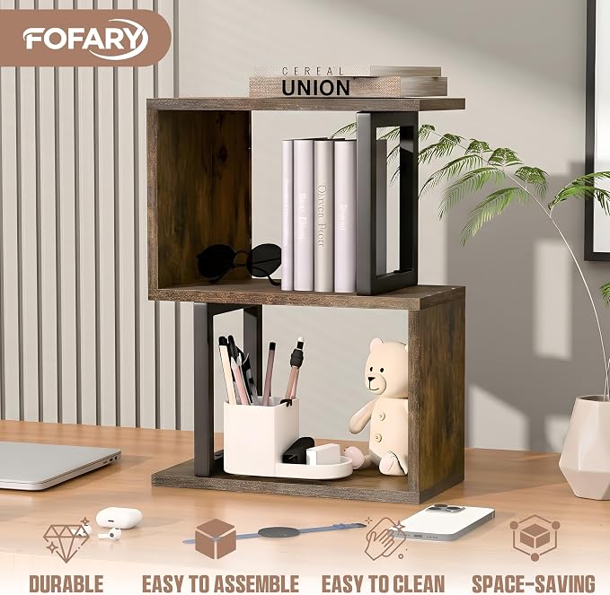 Desk Organizer and Desk Hutch Shelf – Desktop Bookshelf for Small Spaces, Mini Storage Unit for Dorm, Office, 3-Tier Desk Top Organizer Shelf, Rustic Brown