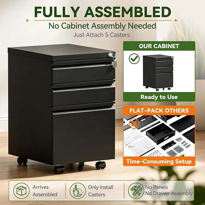 SAWJEC 3 Drawer File Cabinet with Lock, Black Metal Filing Cabinet for Home Office, Fully Assembled, Vertical Locking File Cabinet with Letter Legal A4 Size Hanging Files, 15" W x 17" D x 24" H