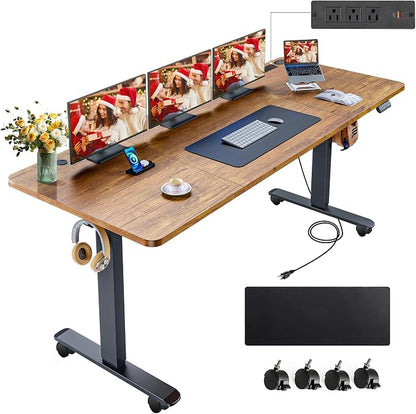 farexon Electric Standing Desk 71 x 28in with Outlets,Rolling Stand up Desk with Oversized Mouse Pad, Wheels,3 USB Ports & 3 Power Outlets,4 Preset Heights Easy to Set for Home Office(Brown)