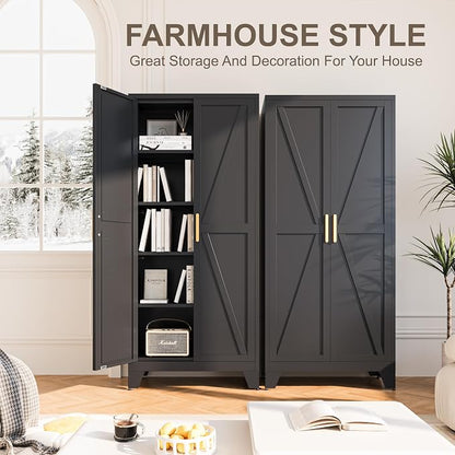 Baborokic 71H Tall Metal Storage Cabinet with 2 Doors and Adjustable Shelves,Farmhouse Storage Cabinet with Barn Doors,Pantry Storage for Home,Office,Bathroom,Dining Room,Kitchen(Black)
