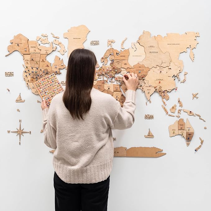 Enjoy The Wood 3D Wooden World Map Wall Art - Large Travel Map with Pins for Art Decor - Decorative Map of the World for Home, Office - Travel Wall Art Housewarming Gift Idea (Light, L, Unframed)