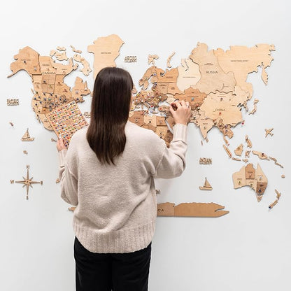 Enjoy The Wood 3D Wooden World Map Wall Art - Large Travel Map with Pins for Art Decor - Decorative Map of the World for Home, Office - Travel Wall Art Housewarming Gift Idea (Light, 2XL, Unframed)
