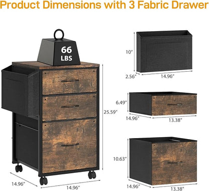 VINGLI 3 Drawer File Cabinet with Side Bag, Rolling File Cabinet Mobile Under Desk File Cabinet with Wheels, Fabric Drawers Printer Stand for Home Office, Fits Letter Size, Rustic Brown