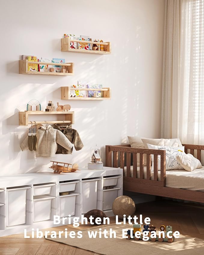 Seocry Nursery Book Shelves, 4 Pack, Wall Book Shelves for Kids Room, Baby, Toddler, Nursery Decor (Wood, 16.5 Inches)