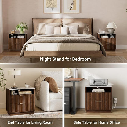 Fluted Nightstand, Night Stand Set 2, 23" Wide Walnut Nightstands Set of 2 with Charging Station & Faux Marble Top, 2 Drawer Large Wooden End Table, Bedside Table for Bedroom,Curved Corners