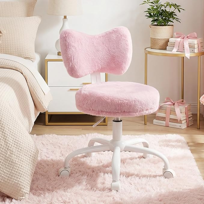 Homkdom Vanity Chair with Bow Back for Bedroom Faux Rabbit Fur Pink | High-Density Foam, Height Adjustable, swivel, 300 lbs,easy assembly for Teens， Make-up Room, Bedroom, Dorm, Study Room