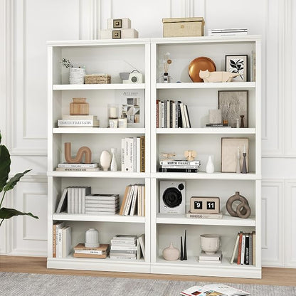 blini White Bookshelf and Bookcase Double Wide Large Bookshelves Wooden 5 Tier Tall Bookshelf with Storage Cabinets for Living Room, Home Office, Library (White, 5-Shelf)