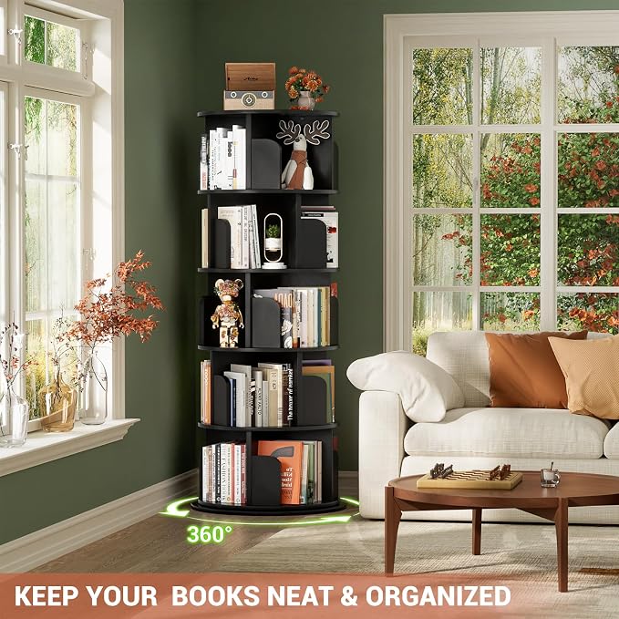 Besiost Rotating Bookshelf Tower, 5 Tier Spinning Bookcase, Revolving 360 Book Shelf Narrow Tall Bookcase, Vertical Turning Round Bookshelf Organizer, Wood Corner Book Shelf for Small Space, Black