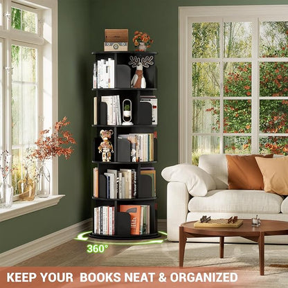Besiost Rotating Bookshelf Tower, 5 Tier Spinning Bookcase, Revolving 360 Book Shelf Narrow Tall Bookcase, Vertical Turning Round Bookshelf Organizer, Wood Corner Book Shelf for Small Space, Black
