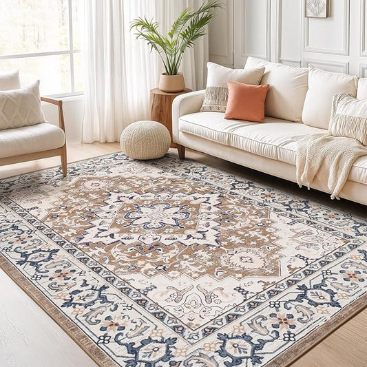 Lofus 6x9 Area Rugs for Living Room, Washable Area Rug, Rugs for Bedroom, Kitchen, Vintage Boho Carpet, Soft Non-Slip, Low Pile Large Area Rug for Office Dining Room, Floral Brown