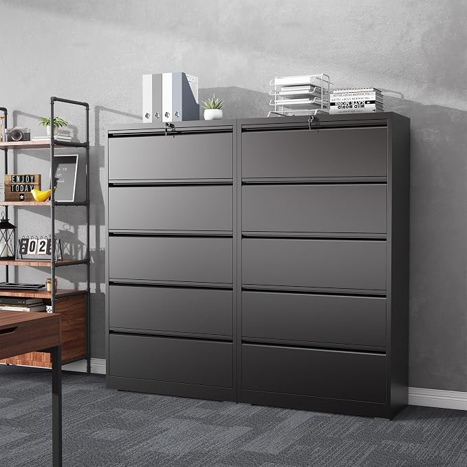 5 Drawer File Cabinet with Lock, Lateral Filing Cabinets, Metal Storage Filing Cabinets for Home Office, Heavy Duty File Cabinet for Letter/Legal/A4/F4 Size Assembly Required, Black