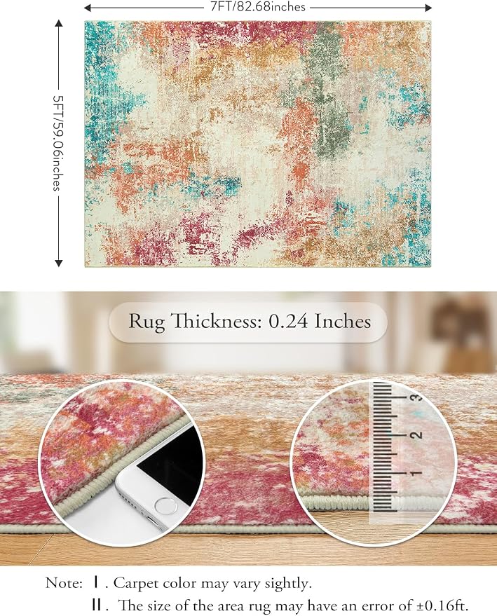 Lahome Modern Abstract 5x7 Area Rugs, Ultra Thin Washable Rug for Living Room Bedroom Non Slip, Low Pile Multi Color Soft Indoor Colorful Throw Carpet for Office Kitchen Playroom