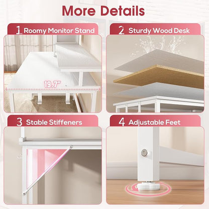 DurayLoly 47" White Computer Desk with 2 Acrylic Cabinet & 3 Fabric Drawers | Integrates Ample Storage & Display, Great Fit for Small Spaces, Outlets Suitable for Studying, Working & Gaming Equipments