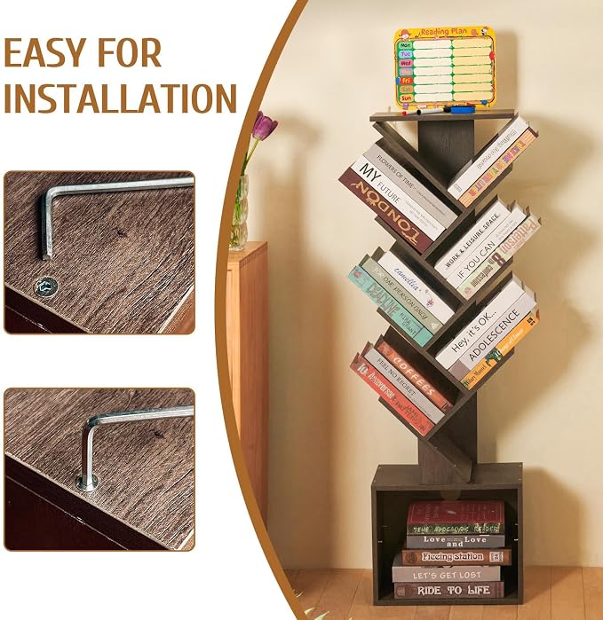 7 Tier Tree Book shelf, Small Bookcase with Reading Planner and Activity Panel, Modern Floor Standing Corner Tall Narrow Storage Cabinet Bookshelves for Home Office Bedroom Living Room (Gray)