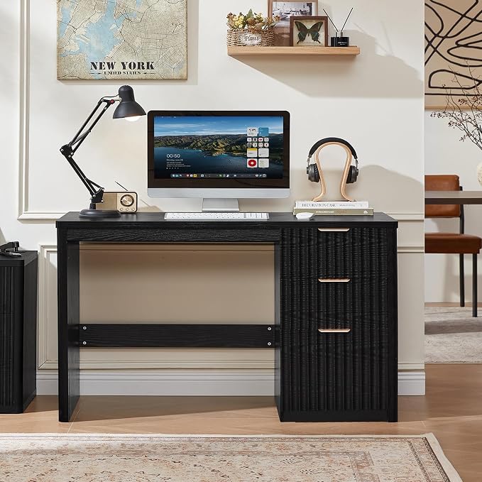 LEYAOYAO Office Desk 48" with 3 Drawers Storage File Cabinet Wood Fluted Desk for Computer Office Bedroom Home Furniture Black