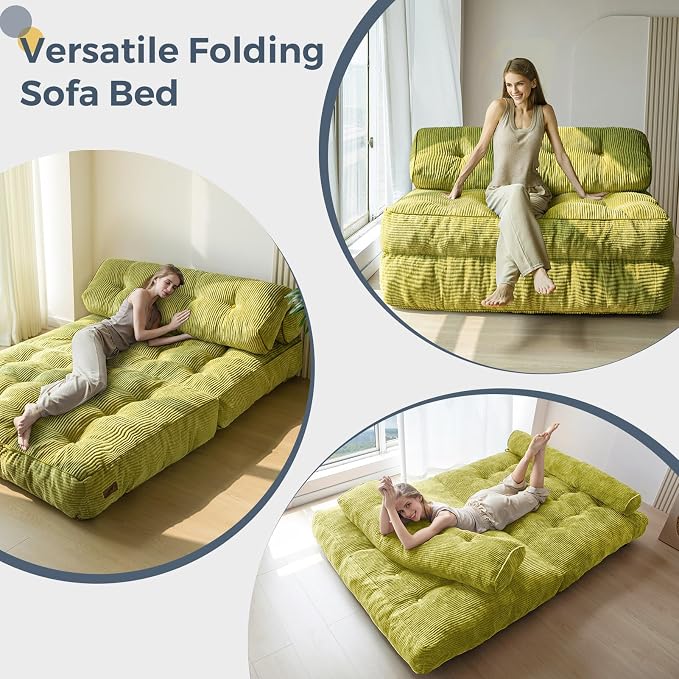 MAXYOYO Folding Sofa Bed, Convertible Chair with Pilow Foldable Couch with Back Support, Portable Fold Out Chair Bed for Living Room Bedroom, Green Double