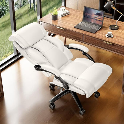 Ollega Big and Tall Reclining Executive Office Chair, 400lbs Leather, White | Breathable waterproof desk chair for home office; 92°-138° recline for back pain relief; wide seat for cross-legged sitting