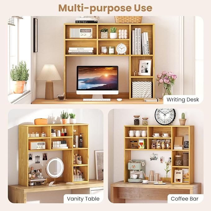 LDAILY Desktop Bookshelf, 37’’ Wood Desk Shelf with 7 Cubes & 3 Adjustable Shelves, 3-Tier Desk Display Rack, Desk Hutch for Dorm College Office Computer Monitor Up to 27’’ (Burlywood, 7 Shelves)