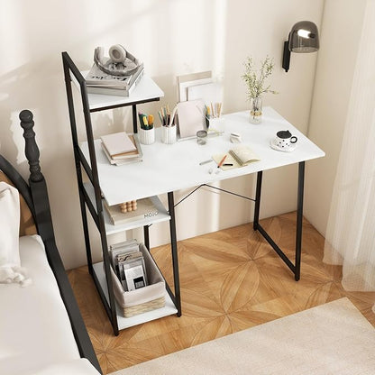 Tangkula Computer Desk with Shelves, Space Saving Home Office Desk with 3-Tier Ladder Shaped Storage Bookshelf, Modern Writing Study Desk with Metal Frame, Compact Computer Workstation (White)